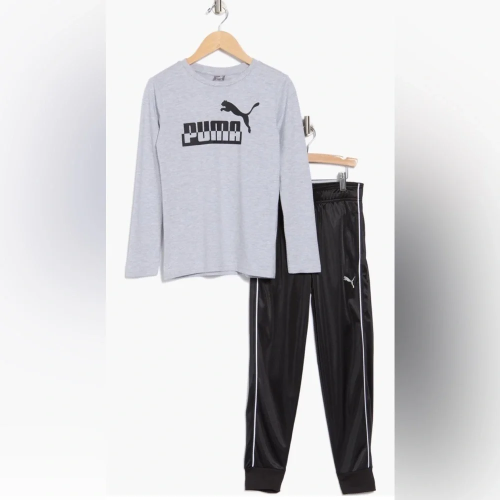 PUMA Kids' Long Sleeve Jersey T-Shirt & Tricot Pants Set/big boy size L